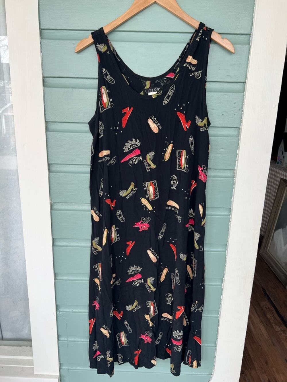 Vintage citron novelty shoe print dress sleeveless summer funky Phoebe Buffay L